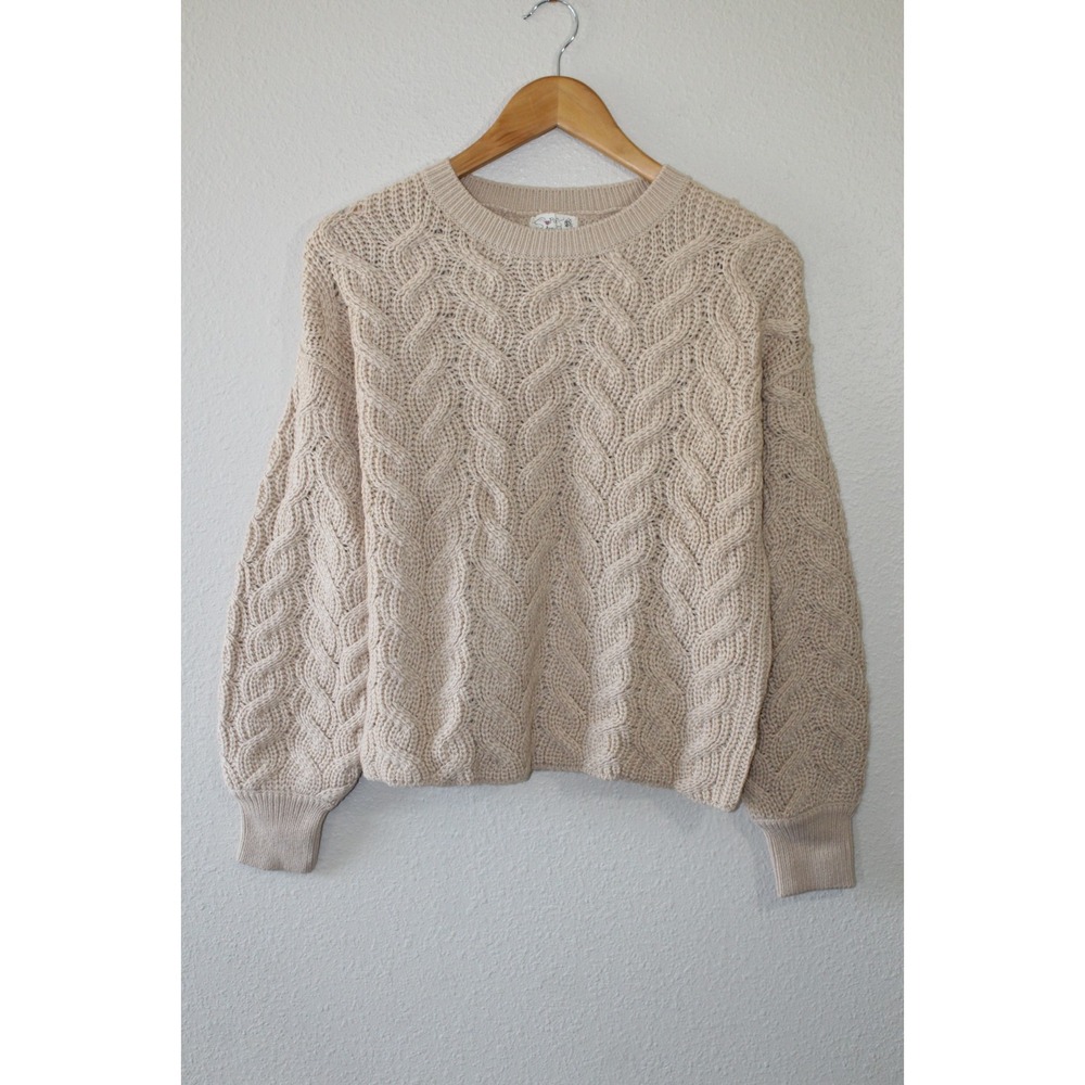 Poof Apparel Womens Juniors Beige Cable Knit Long Sleeve Sweater S NWT